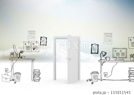Doodle office in clouds with door 133851545