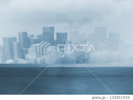 City skyline is emerging through dense fog above smooth concrete terrace in flat design style 133851550