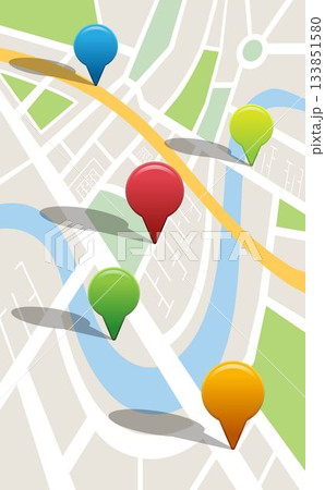 Multi colored navigation pointers on map 133851580