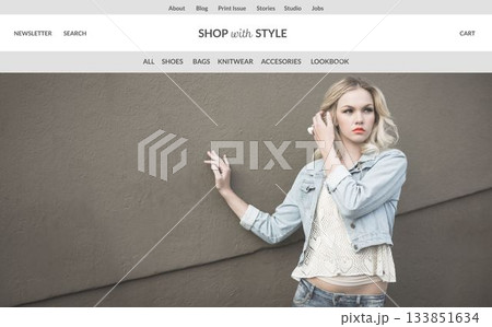 website header is showing model wearing denim jacket and lace top against brown wall, copy space website header is showing model wearing denim jacket and lace top against brown wall, copy space 133851634