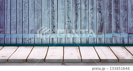 Wooden plank tabletop is stretching across flat design, featuring muted blue wall and support beam Wooden plank tabletop is stretching across flat design, featuring muted blue wall and support beam 133851648