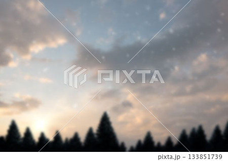 Tranquil winter woodland unfolding in flat design, with pine silhouette, clouds, falling snow 133851739