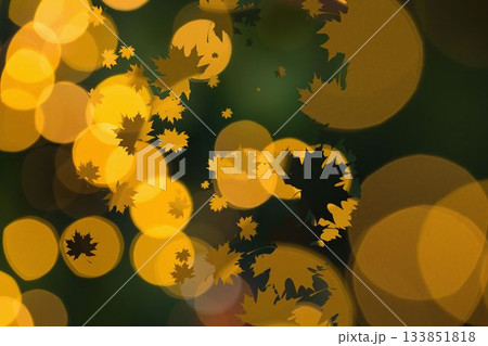 Multiple maple leaf silhouettes are floating over golden-yellow bokeh circles in flat design Multiple maple leaf silhouettes are floating over golden-yellow bokeh circles in flat design 133851818