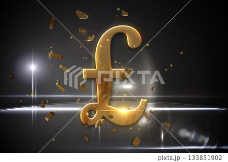 Gold pound sign is floating above glossy platform in dark 3D render, scattering fragments and beams Gold pound sign is floating above glossy platform in dark 3D render, scattering fragments and beams 133851902