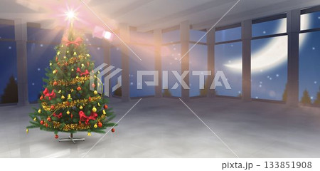 Christmas tree is glowing in vector hall with star topper and floor reflections under night sky Christmas tree is glowing in vector hall with star topper and floor reflections under night sky 133851908