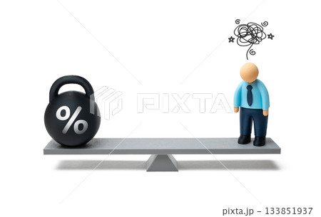 Difficulty getting out of debt. An office worker is tired of paying off debt. Financial stress , personal budgeting, loan restructuring and economic wellbeing. 133851937