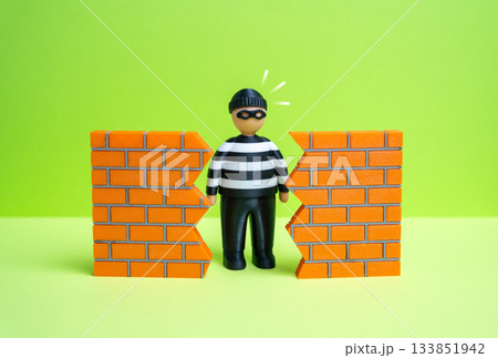 A criminal finds a hole in the wall. The concept of finding a vulnerability in security. System weaknesses and breach risks. Cybersecurity, law enforcement training and safety discussions. 133851942
