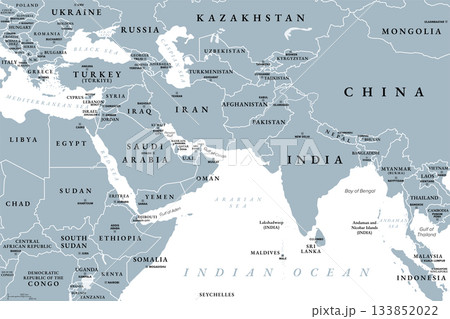 West Asia and South Asia, gray political map with countries, international borders and capitals. Western or Southwest Asia, with the Middle East, and South Asia, with the Indian subcontinent. Vector 133852022