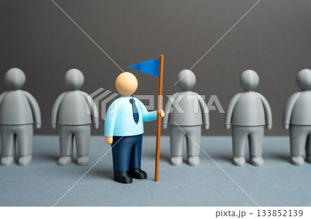 A business leader with a flag in hand. An innovator and a visionary. Assemble a team, find followers. Leadership development, startup motivation and corporate strategy presentations. 133852139