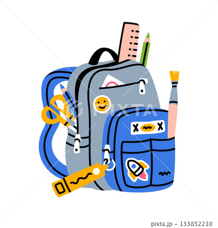 School Backpack with Stationery and Supplies Vector Illustration 133852210