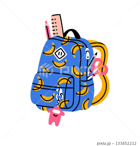School Backpack with Stationery and Supplies Vector Illustration 133852212