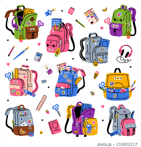 School Backpack with Stationery and Supplies Vector Set 133852217