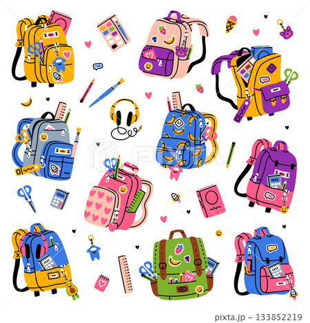 School Backpack with Stationery and Supplies Vector Set 133852219