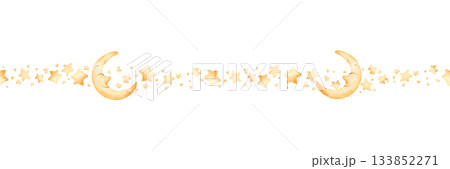 Cute golden moon crescent stars seamless border. Watercolor hand drawn illustration isolated on white background for baby nursery textile kids fabric holiday Ramadan design card print wrapping paper 133852271