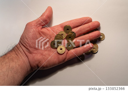 Hand holding japanese yen coins showing finance concept Hand holding japanese yen coins showing finance concept 133852366