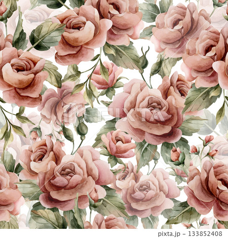 Roses with leaves seamless pattern on white background. Dusty pink garden Victorian flower. Watercolor hand painted floral illustration for wedding design home textile fabric cosmetic package wrapping Roses with leaves seamless pattern on white background. Dusty pink garden Victorian flower. Watercolor hand painted floral illustration for wedding design home textile fabric cosmetic package wrapping 133852408