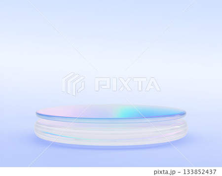 3d crystal glass podium with neon light holographic gradient on pastel blue background. Round hologram levitating platform. Iridescent transparent stage, stand for product display. 3D illustration 133852437