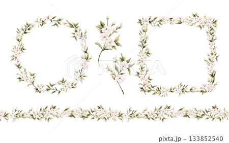White small flowers with leaves frame wreath seamless border set. Watercolor hand painted cute floral blossom isolated illustration for wedding design home textile crockery cosmetic package card print 133852540