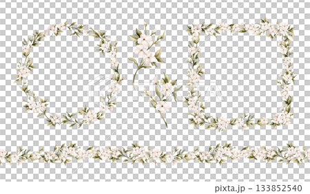 White small flowers with leaves frame wreath seamless border set. Watercolor hand painted cute floral blossom isolated illustration for wedding design home textile crockery cosmetic package card print 133852540