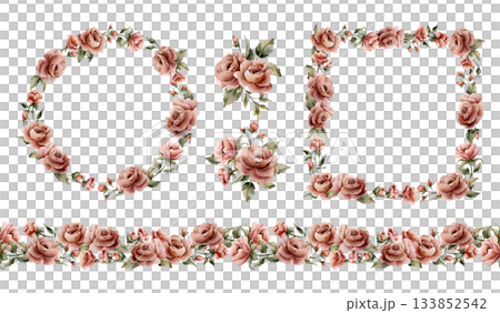 Rose flowers frame wreath seamless border set. Dusty pink garden floral. Watercolor hand painted isolated illustration for wedding design home textile crockery cosmetic package labels cards print Rose flowers frame wreath seamless border set. Dusty pink garden floral. Watercolor hand painted isolated illustration for wedding design home textile crockery cosmetic package labels cards print 133852542