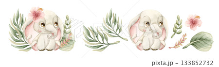 Cute Elephant with Tropical Leaves Flower Safari African animal. Watercolor hand painted illustration isolated on white background for exotic jungle design kids nursery wall stickers baby shower card 133852732