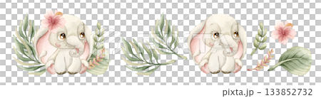 Cute Elephant with Tropical Leaves Flower Safari African animal. Watercolor hand painted illustration isolated on white background for exotic jungle design kids nursery wall stickers baby shower card 133852732