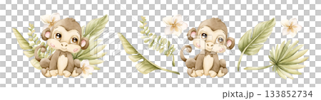 Cute Monkey with Tropical Leaves Flower Safari African animal. Watercolor hand painted illustration isolated on white background for exotic jungle design kids nursery wall stickers baby shower textile 133852734