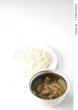 シルバーの食器に入ったチキンカレーとライス 133852804