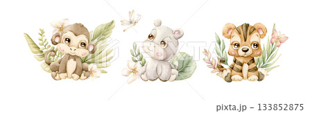 Cute Tropical Animals and Exotic Plants Set. Watercolor hand painted summer pastel neutral illustration on white background monkey hippo tiger for nursery safari design kids textile baby shower cards 133852875
