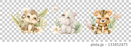 Cute Tropical Animals and Exotic Plants Set. Watercolor hand painted summer pastel neutral illustration on white background monkey hippo tiger for nursery safari design kids textile baby shower cards 133852875