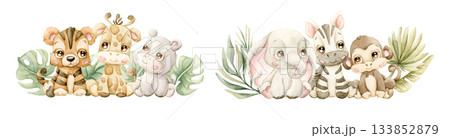 Cute Tropical Animals and Exotic Plants Set. Watercolor hand painted summer pastel neutral illustration on white background for nursery safari design kids cloth textile fabric baby shower party cards Cute Tropical Animals and Exotic Plants Set. Watercolor hand painted summer pastel neutral illustration on white background for nursery safari design kids cloth textile fabric baby shower party cards 133852879