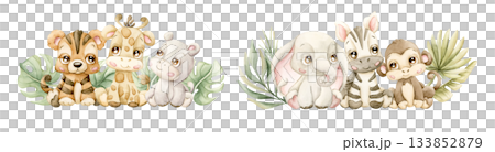 Cute Tropical Animals and Exotic Plants Set. Watercolor hand painted summer pastel neutral illustration on white background for nursery safari design kids cloth textile fabric baby shower party cards Cute Tropical Animals and Exotic Plants Set. Watercolor hand painted summer pastel neutral illustration on white background for nursery safari design kids cloth textile fabric baby shower party cards 133852879