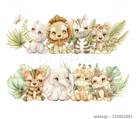 Cute Tropical Animals and Exotic Plants Set. Watercolor hand painted summer pastel neutral illustration on white background for nursery safari design kids cloth textile fabric baby shower party cards Cute Tropical Animals and Exotic Plants Set. Watercolor hand painted summer pastel neutral illustration on white background for nursery safari design kids cloth textile fabric baby shower party cards 133852881