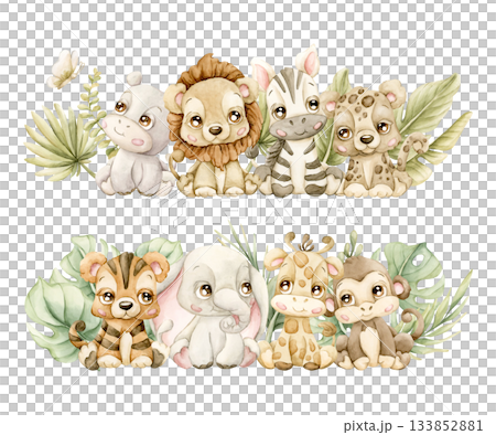 Cute Tropical Animals and Exotic Plants Set. Watercolor hand painted summer pastel neutral illustration on white background for nursery safari design kids cloth textile fabric baby shower party cards Cute Tropical Animals and Exotic Plants Set. Watercolor hand painted summer pastel neutral illustration on white background for nursery safari design kids cloth textile fabric baby shower party cards 133852881