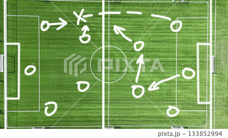 Tactical scheme on the football field. Top view of the green football field from the tactical game scheme Tactical scheme on the football field. Top view of the green football field from the tactical game scheme 133852994