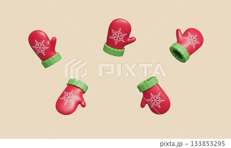 Festive Red Gloves with Snowflake. 3D Rendering. 133853295