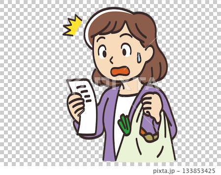 Illustration of a housewife surprised at the amount when she sees the receipt Illustration of a housewife surprised at the amount when she sees the receipt 133853425