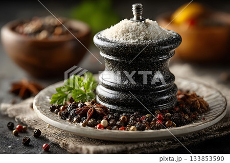 Culinary Spice and Herb Arrangement Featuring Black Pepper Grinder for Gourmet Cooking Generative AI 133853590