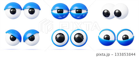 Googly eyes 3d set, comic character eyeballs with blue eyelids isolated on white background. Cartoon mascot looking down, smiling, surprised, evil, furious gaze, tired, sleepy, scared. 3D illustration Googly eyes 3d set, comic character eyeballs with blue eyelids isolated on white background. Cartoon mascot looking down, smiling, surprised, evil, furious gaze, tired, sleepy, scared. 3D illustration 133853844