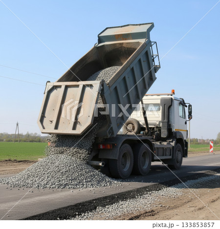 Truck Unloading Road Gravel Truck Unloading Road Gravel 133853857