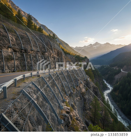 Landslide Barriers on Mountain Road Landslide Barriers on Mountain Road 133853859