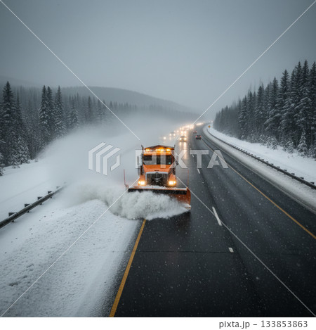 Snowplow clearing highway snow Snowplow clearing highway snow 133853863