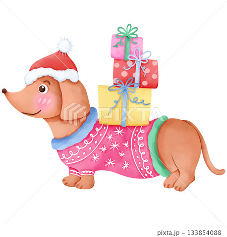 Christmas themed dog cartoon, hand drawn watercolor 5 133854088
