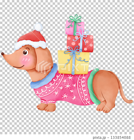 Christmas themed dog cartoon, hand drawn watercolor 5 133854088