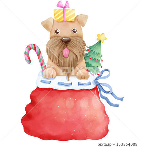 Christmas themed dog cartoon, hand drawn watercolor 7 133854089