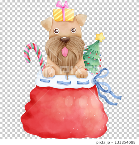 Christmas themed dog cartoon, hand drawn watercolor 7 133854089