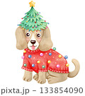 Christmas themed dog cartoon, hand drawn watercolor. 133854090