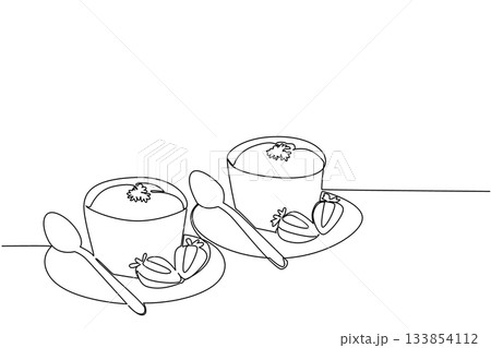 Continuous line drawing vector of two cheese souffles served on saucers with spoons and fresh strawberries for a culinary food concept. This elegant gourmet dessert theme is for National Cheese Souffl 133854112