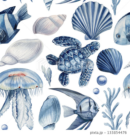 Blue sea turtle jellyfish seashell watercolor marine seamless pattern with coral and ocean fish for coastal summer design Blue sea turtle jellyfish seashell watercolor marine seamless pattern with coral and ocean fish for coastal summer design 133854476