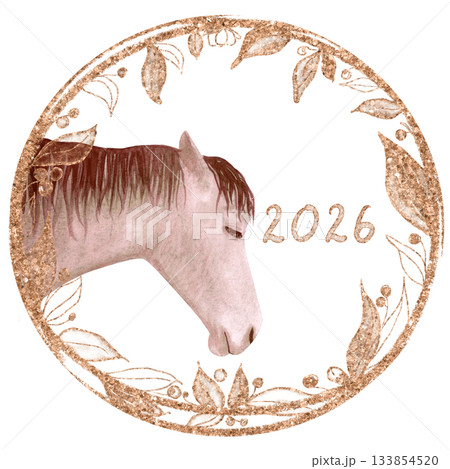 Horse profile inside decorative botanical circle, metallic texture, ideal for calendars, new year, greeting cards, planners, branding, stickers, seasonal projects. Watercolor illustration on white Horse profile inside decorative botanical circle, metallic texture, ideal for calendars, new year, greeting cards, planners, branding, stickers, seasonal projects. Watercolor illustration on white 133854520